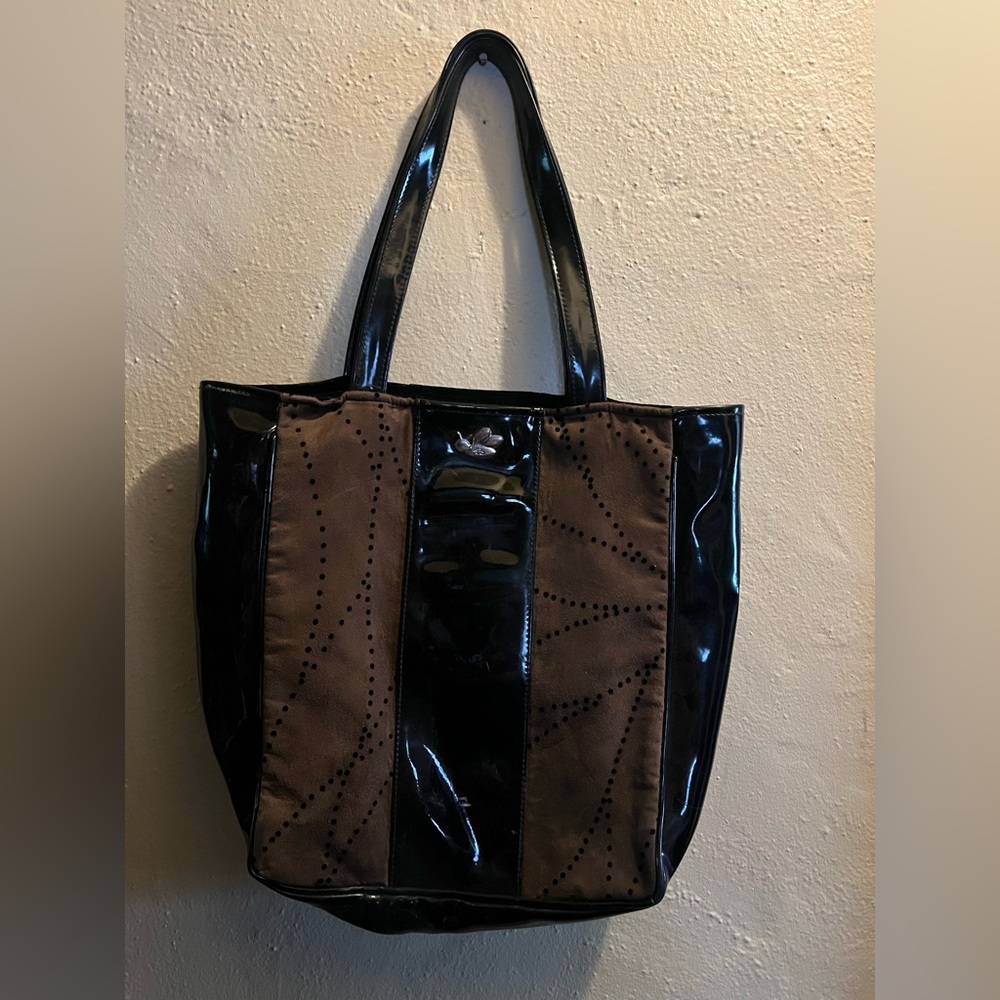 Black Patent Leather and Faux Suede Tote Bag